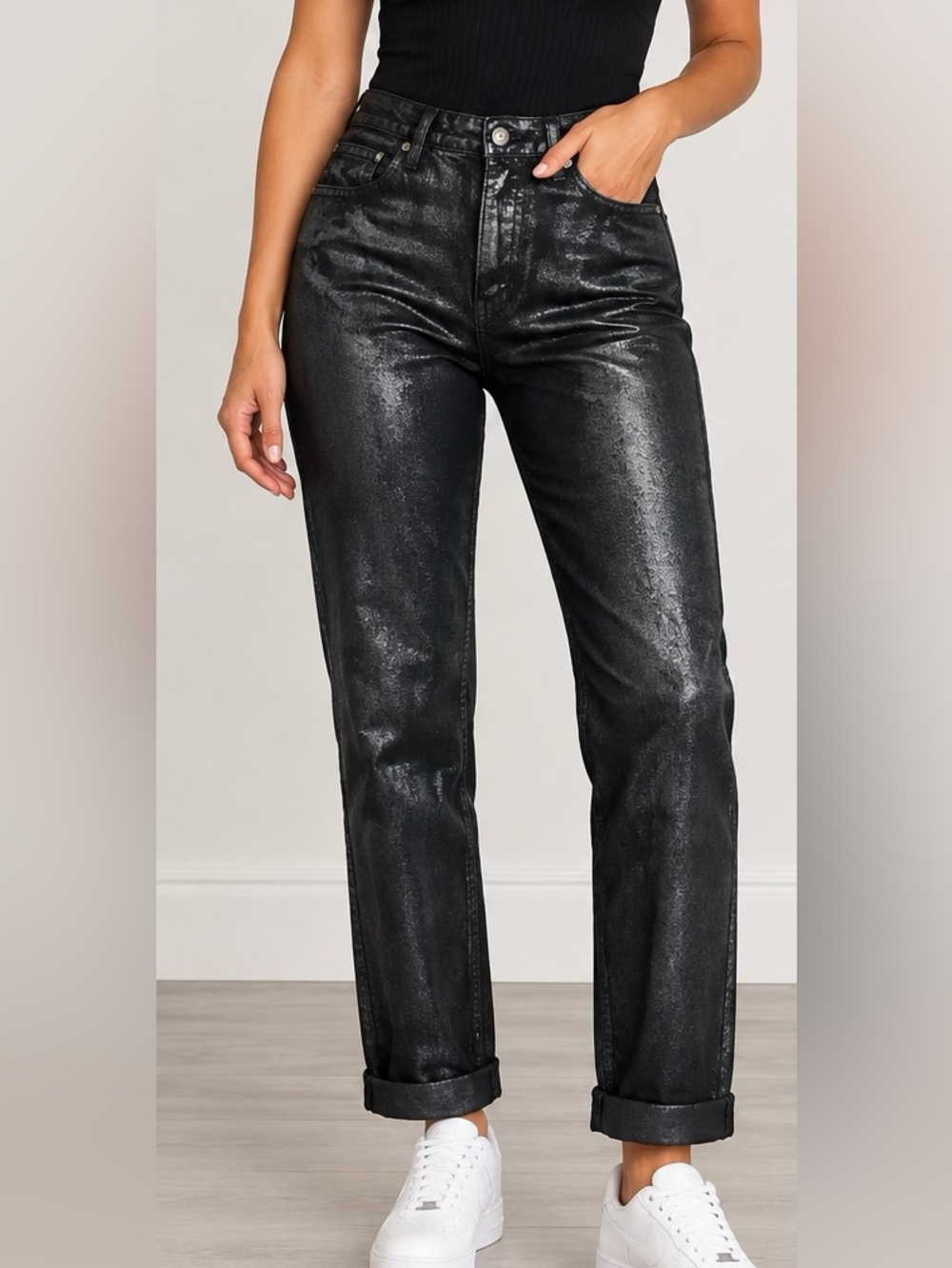 NWT Zara Black Coated Straight-Leg Jeans